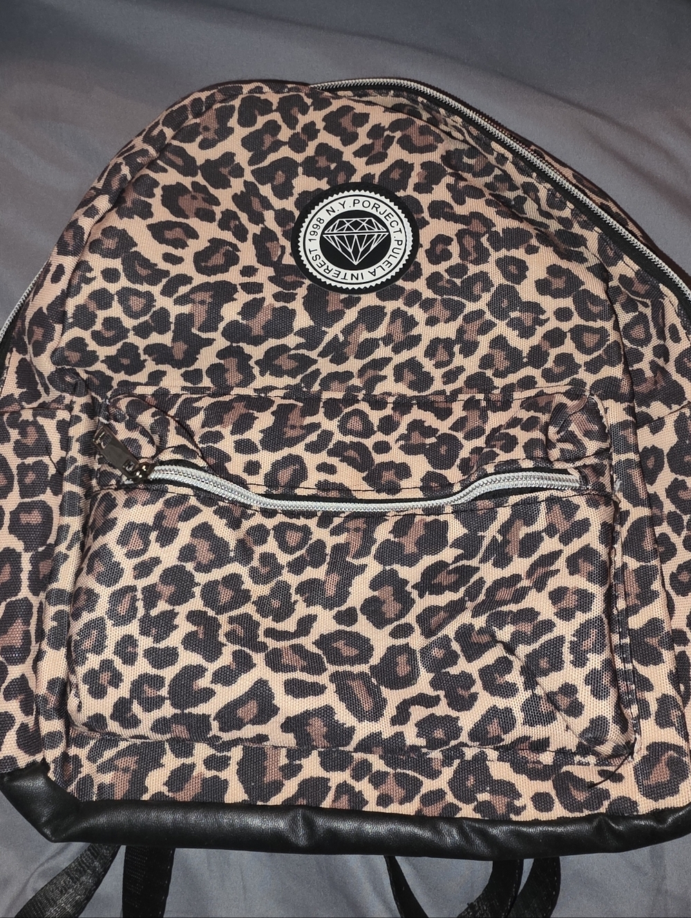 Leopard Print Backpack with Diamond Patch